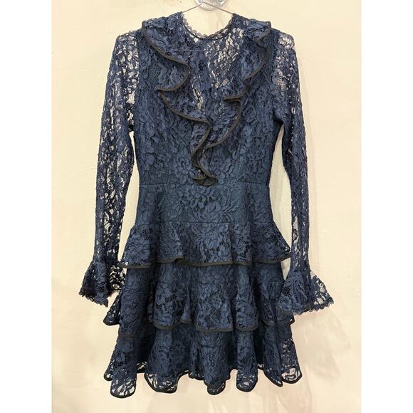 Alexis Lace Tracie Long Sleeve Tiered Ruffled Mini Dress Navy Blue Size XS - Picture 4 of 6